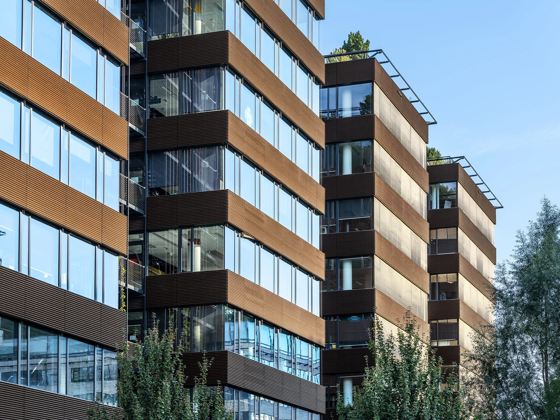 Delta building facade with bronze cladding and glass windows